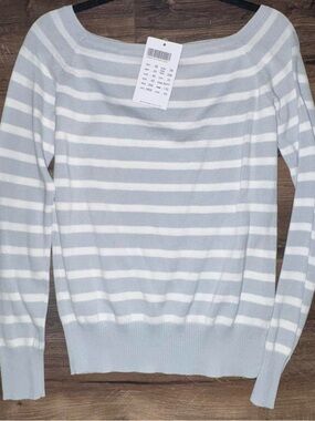 Brandy Melville Light Gray & White Striped Scoopneck Sweater